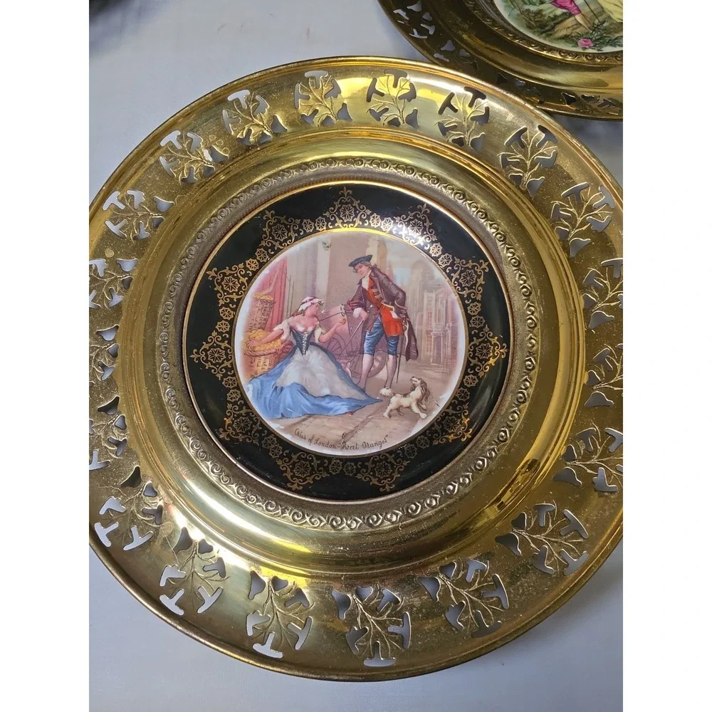 Set Of 3 Vintage Regency Bone Wall Decor Plate Mounted in Brass Filigree 10